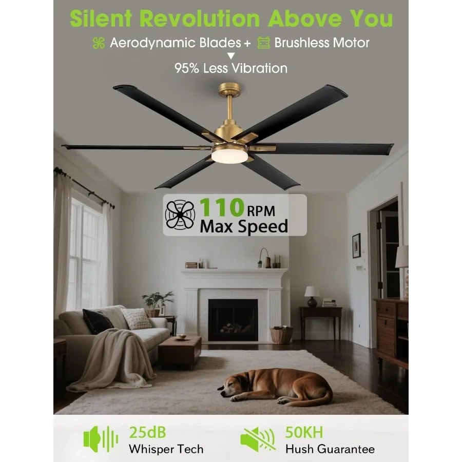 مروحة سقف بمحرك تيار مستمر 72 بوصة مع ضوء LED متكامل 6 شفرات ألومنيوم سوداء عملية التحكم عن بعد تدفق هواء عكسي