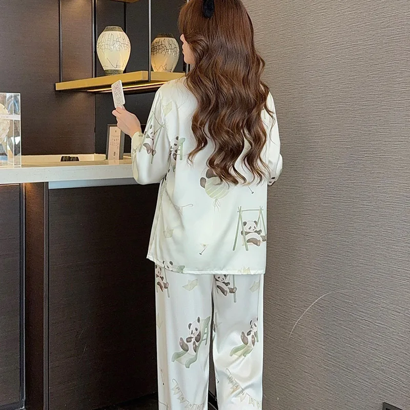 Ice Silk Print Panda Satin Women Pajama Set Long Sleeve Top Pants 2 Piece Sleepwear Nightwear Homwear