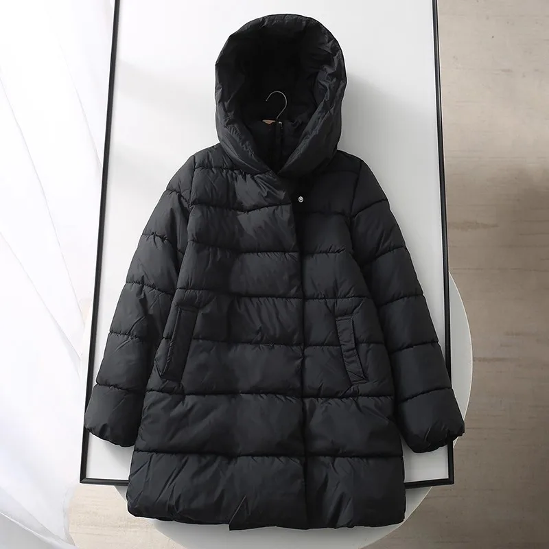 

Thiened зимнее хлопковое джинсовое женское повседневное длинное пальто, теплое пушистое черное хлопковое пальто средней длины, одежда на молнии с капюшоном