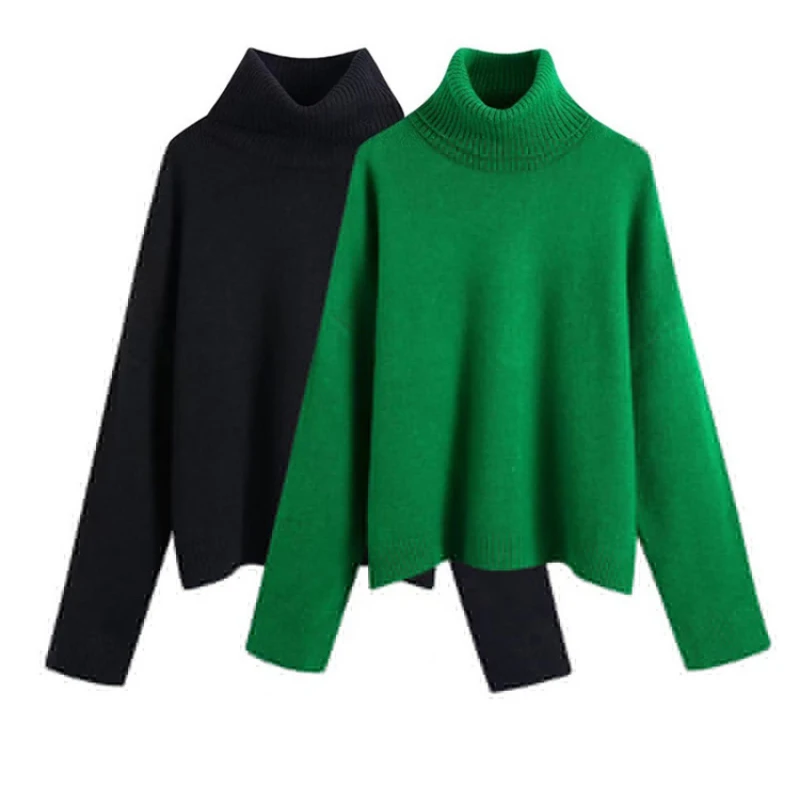 

Women Fashion With Ribbed Trim Loose Knit Sweater Vintage High Neck Long Sleeve Female Pullovers Chic Tops