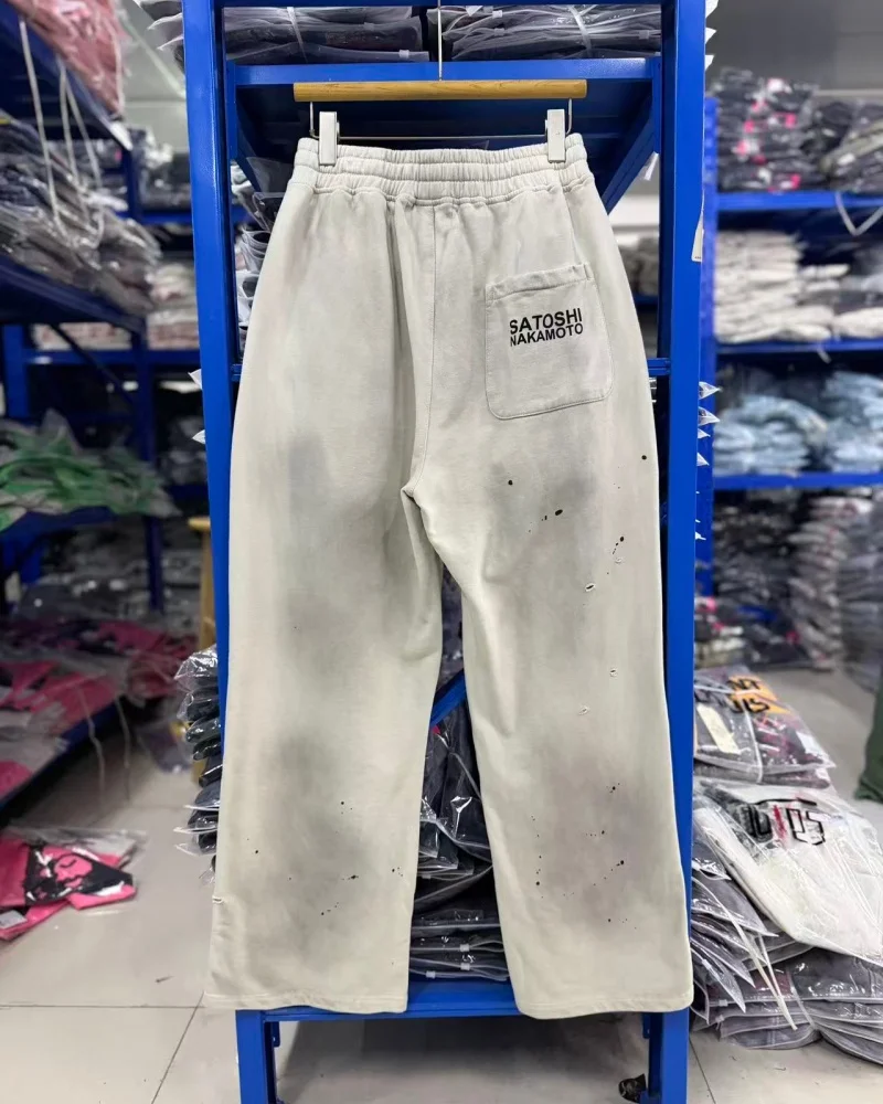 Satoshi Nakamoto SS26 Drawstring Retro Mid-Rise Splash-Print Washed Distressed Athletic Casual Pants