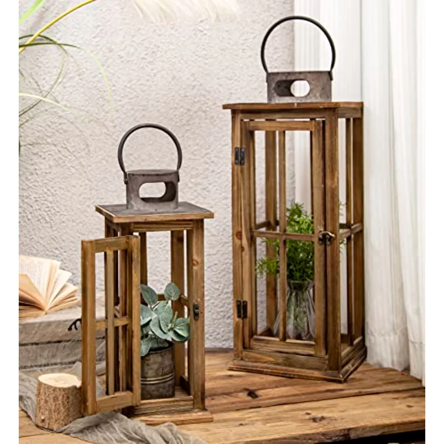 Large Farmhouse Wooden Metal Lantern Set of 2, Rustic Decorative Floor Candle Lanterns, Vintage Distressed Hanging Lanterns for