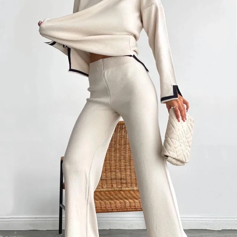 Korean Casual Knitted 2-piece Pant Set for Autumn and Winter Women's Sets 2024 New O-neck Long sleeved Sweater Split Pant Sets