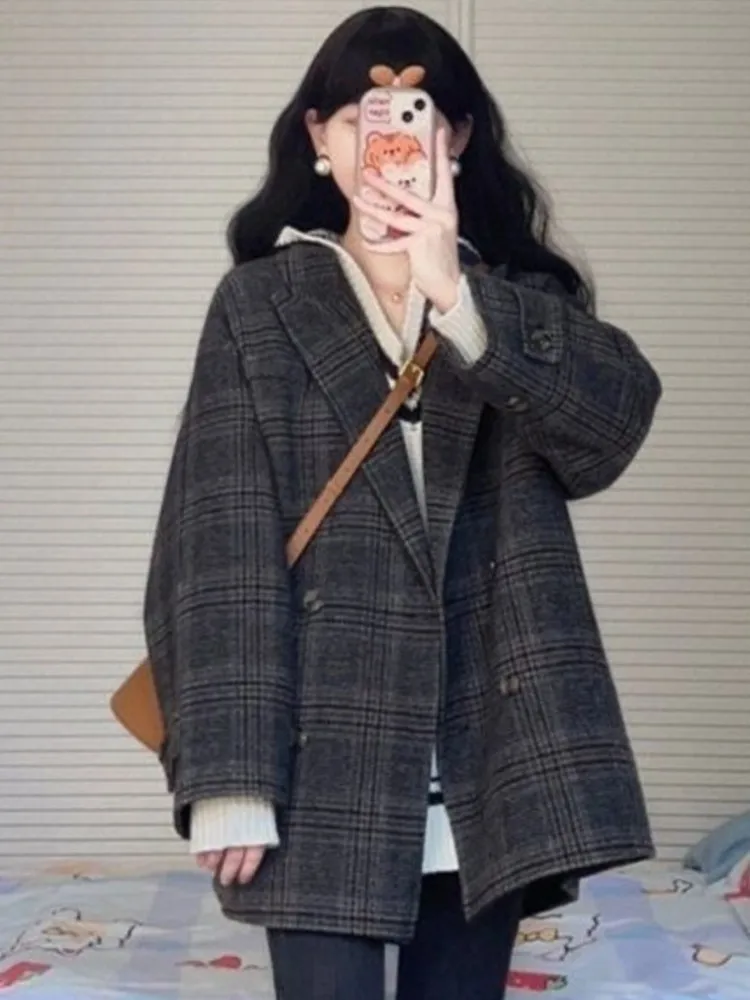 

Women Autumn Korean Loose Jacket Plaid Blazer Buttoned Elegant Fashion Female Suit Jacket Party Business Workwear Coat Arrival