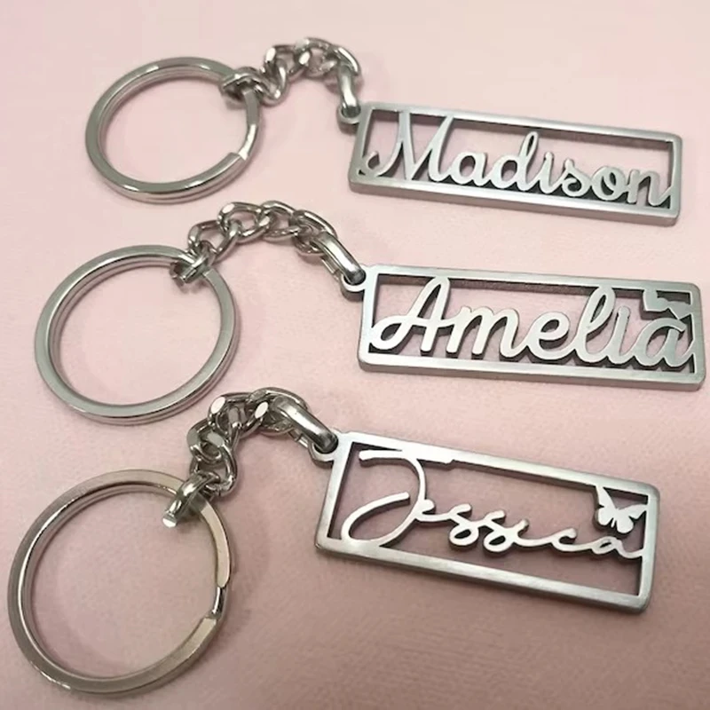 Customized Name Letter Square Pendant Key Chain Stainless Steel Laser Engraved Hollow Men Women Charm Fashion Key Ring Gifts