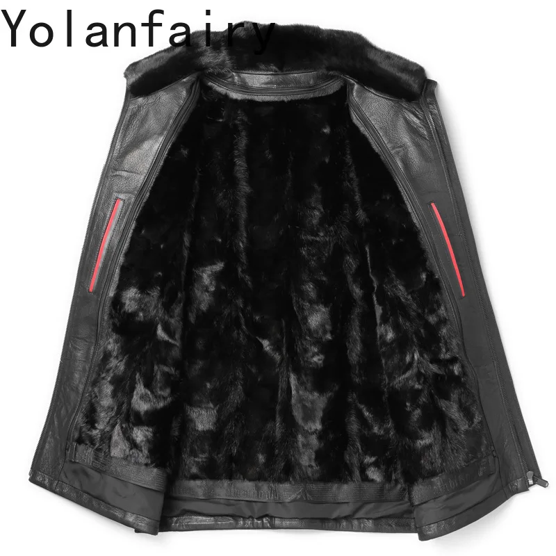 YOLANFAIRY 100% Goatskin Genuine Leather Jacket Men Winter Detachable Mink Fur Liner Jacket Mid-length Real Fur Coat Parkas
