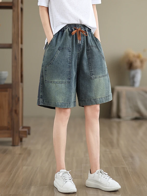

Summer Thin Retro Style Women's Denim Shorts High Waist Straight Leg Five-Pointed Jeans Casual Loose Fit Cotton 100%