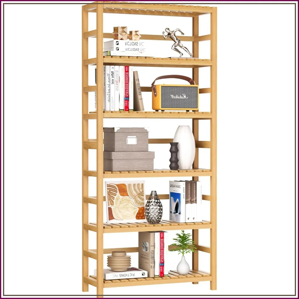 

6-Tier Bamboo Shelf, Tall Bookcase with Adjustable Shelves, Multipurpose Storage Display for Bathroom, Living Room, Balcony, Kitchen, Natural