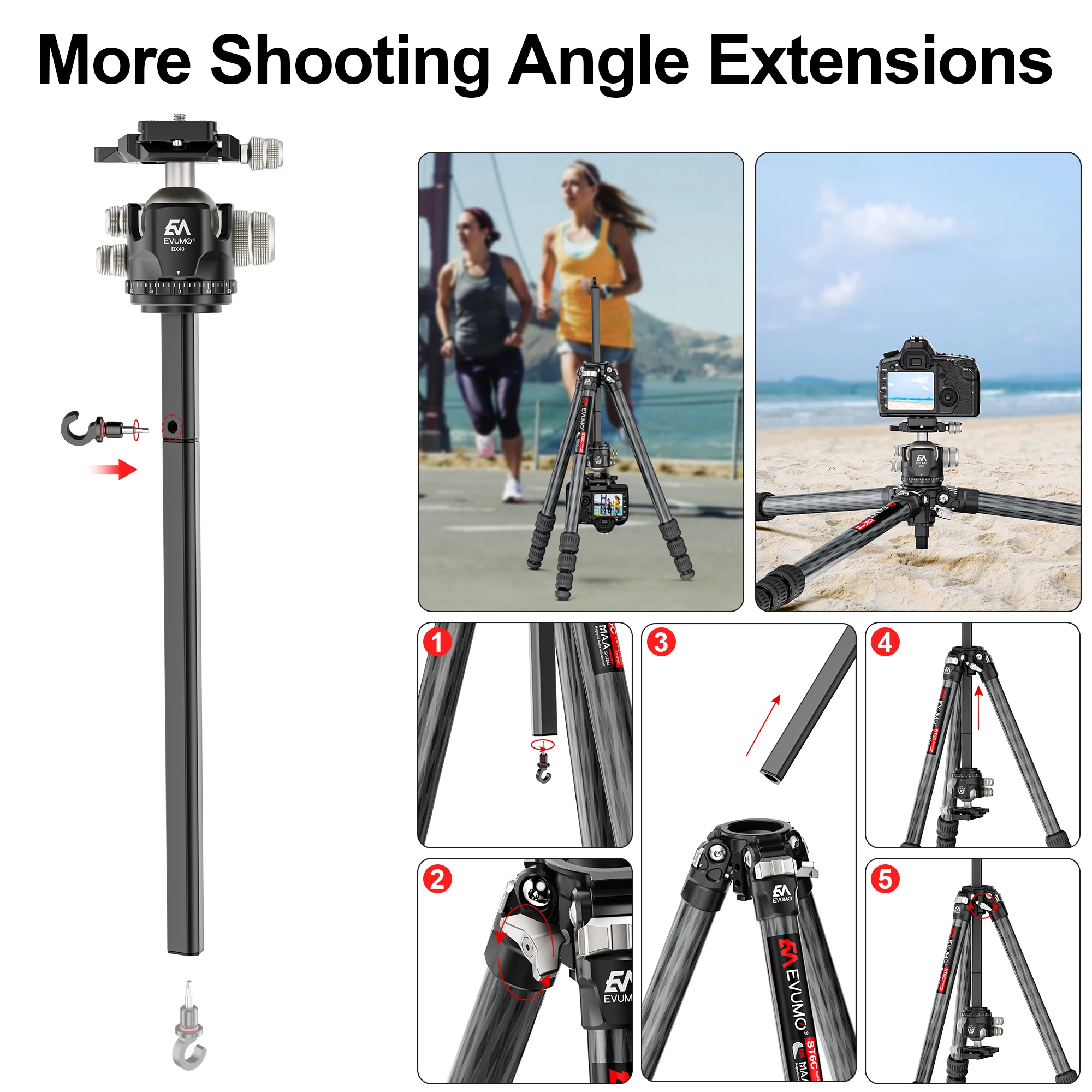 Carbon Fiber Tripod Compact Travel Tripod for Camera 69.2\'\' EVUMO ST6C Ultra Portable Arca Swiss Tripod for DSLR Max Load 20kg