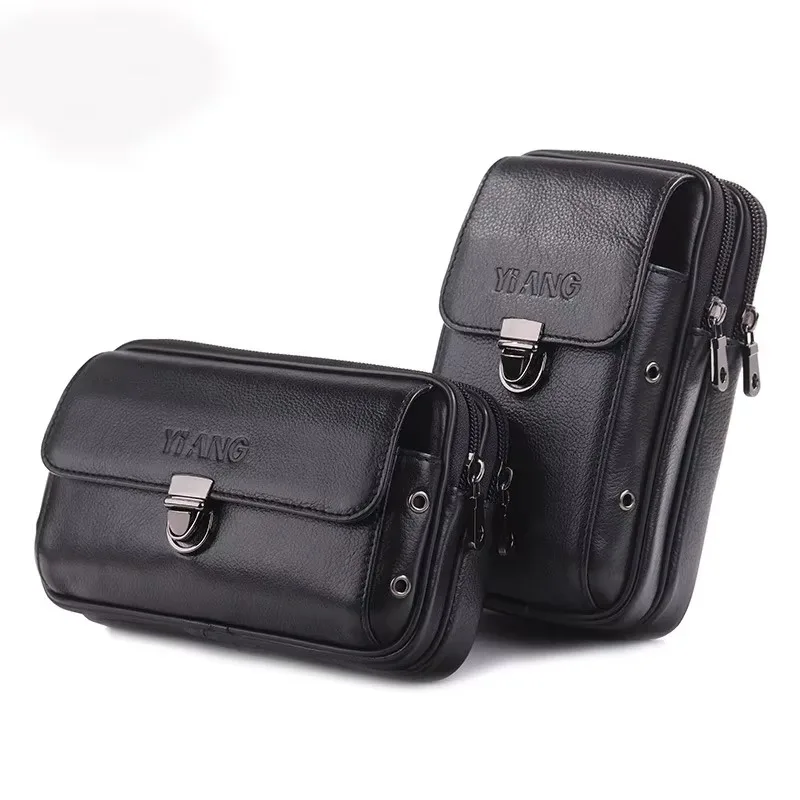 New Men Fanny Cell/Mobile Phone Cigarette Bags Belt Pack Double Zipper Wallet Pocket Case Purse Genuine Leather Waist Pack Bag