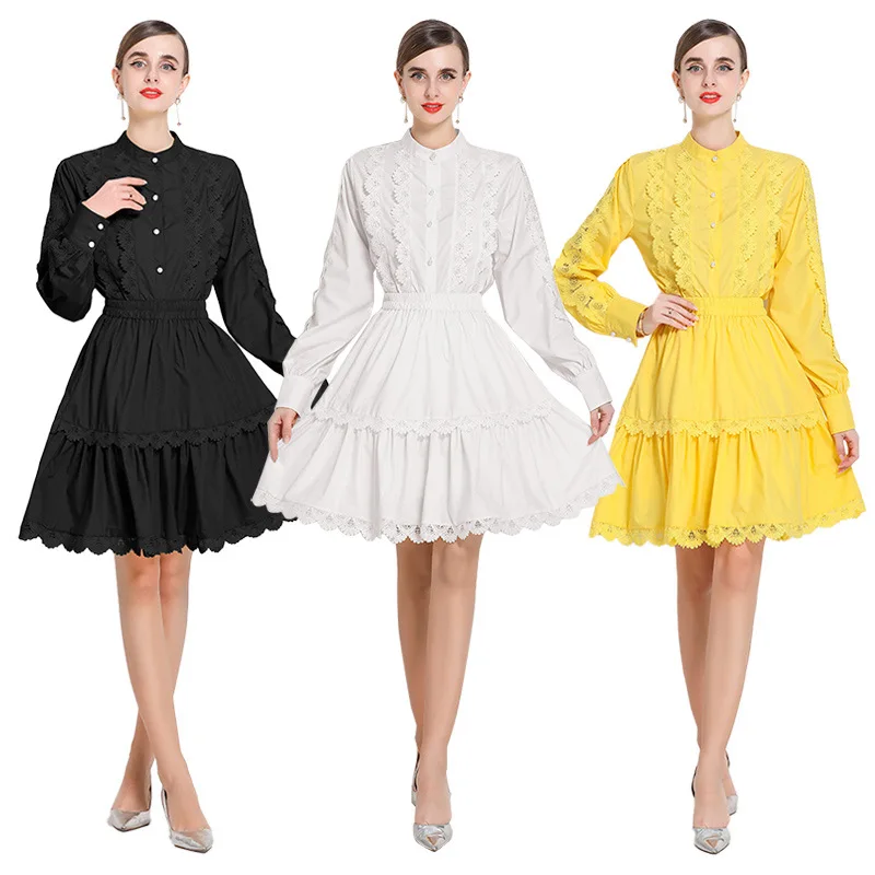 

Ретро-костюм в дворцовом стиле для женщин: модный комплект из двух предметов с воротником-стойкой и кружевными вставками, уличный стиль, миди-платье А-силуэта с длинными рукавами