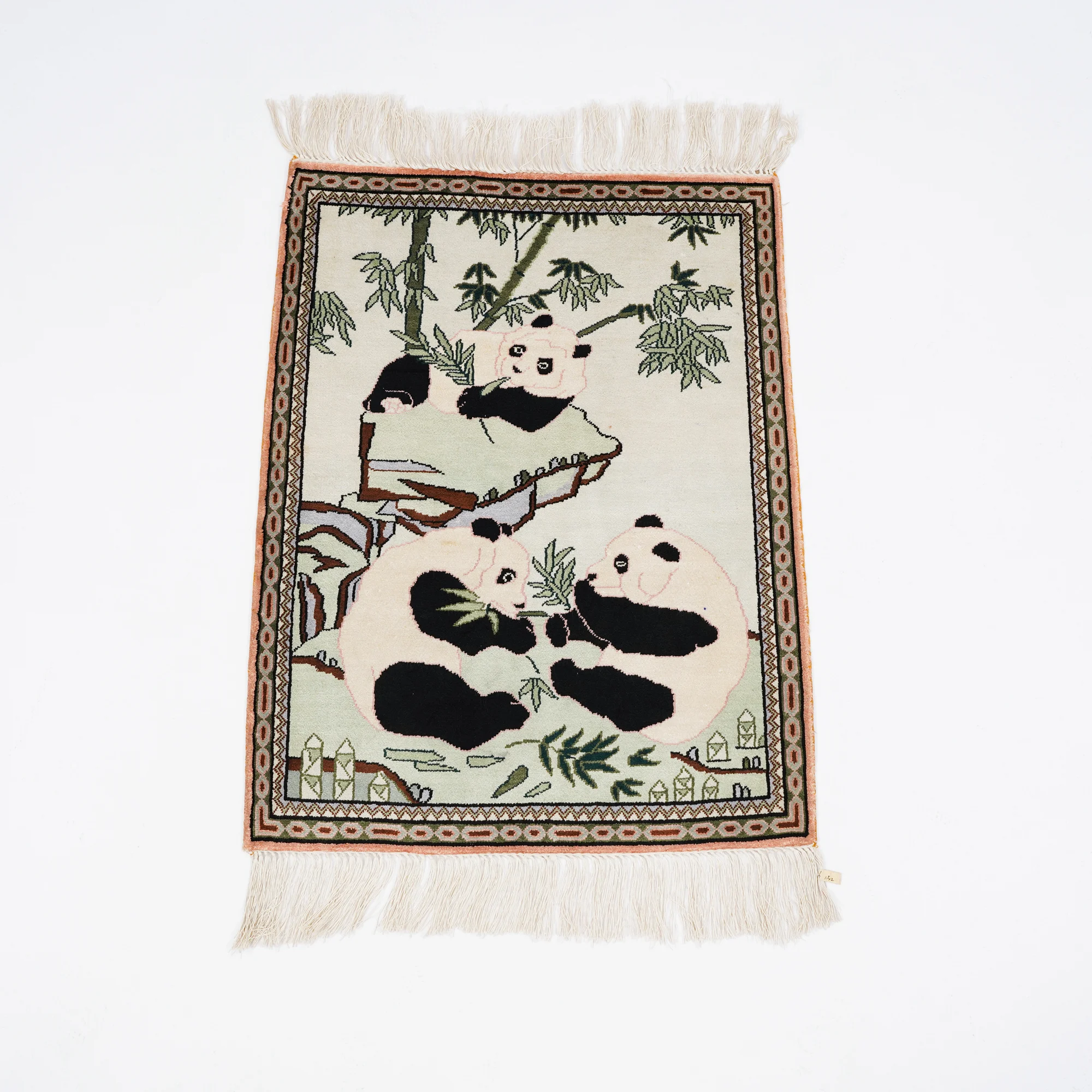 1.5'x2' Miniature Handknotted Silk Rug Low Pile Cute Panda Tapestry (TJ080H)