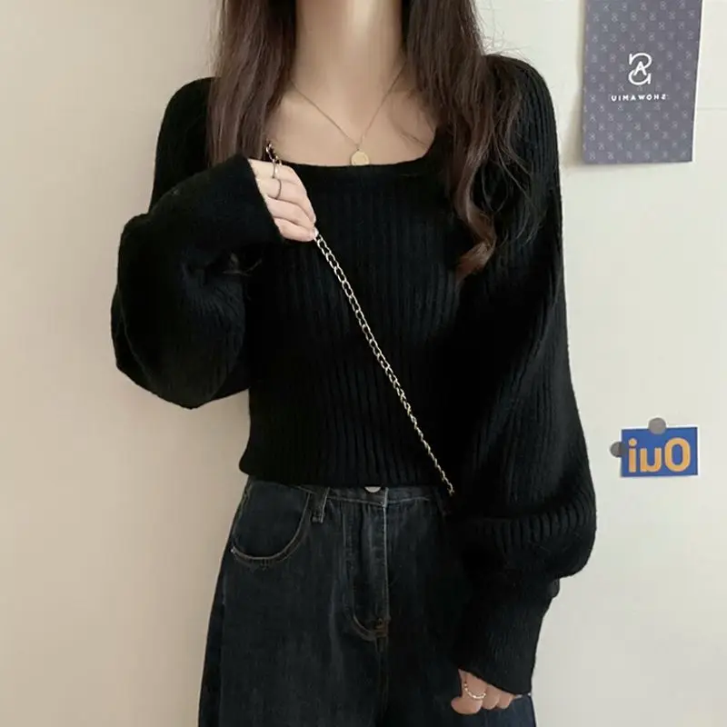 Women Clothes All-match Knitting Solid Color Square Collar Long Sleeve Pullovers Autumn Fashion Loose Sweater Ladies Sweet Tops