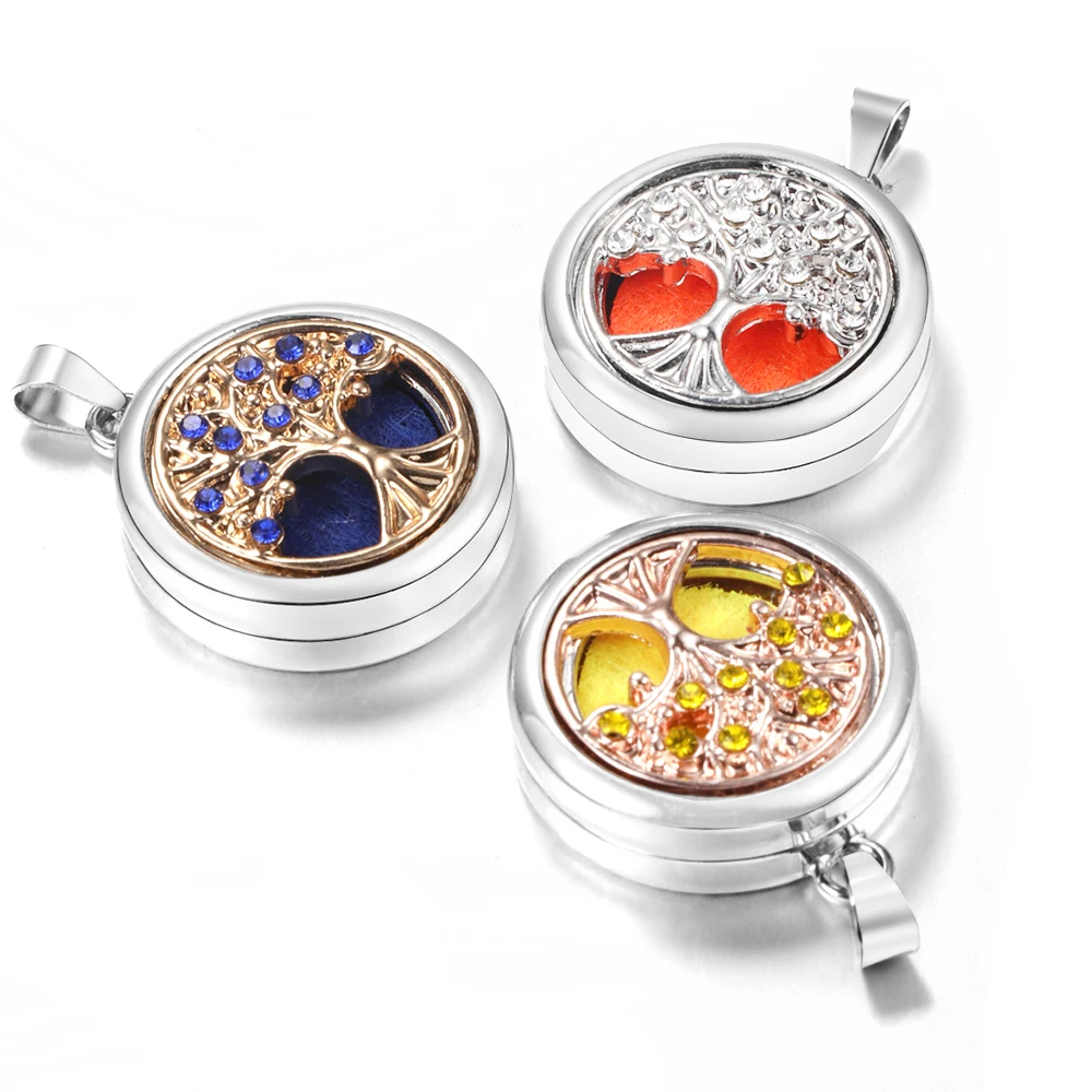 Trendy Spiral Open Aromatherapy Pendant Golden Zircon Tree Of Life Pattern Essential Oil Diffuser Women Lockets Necklace Jewelry