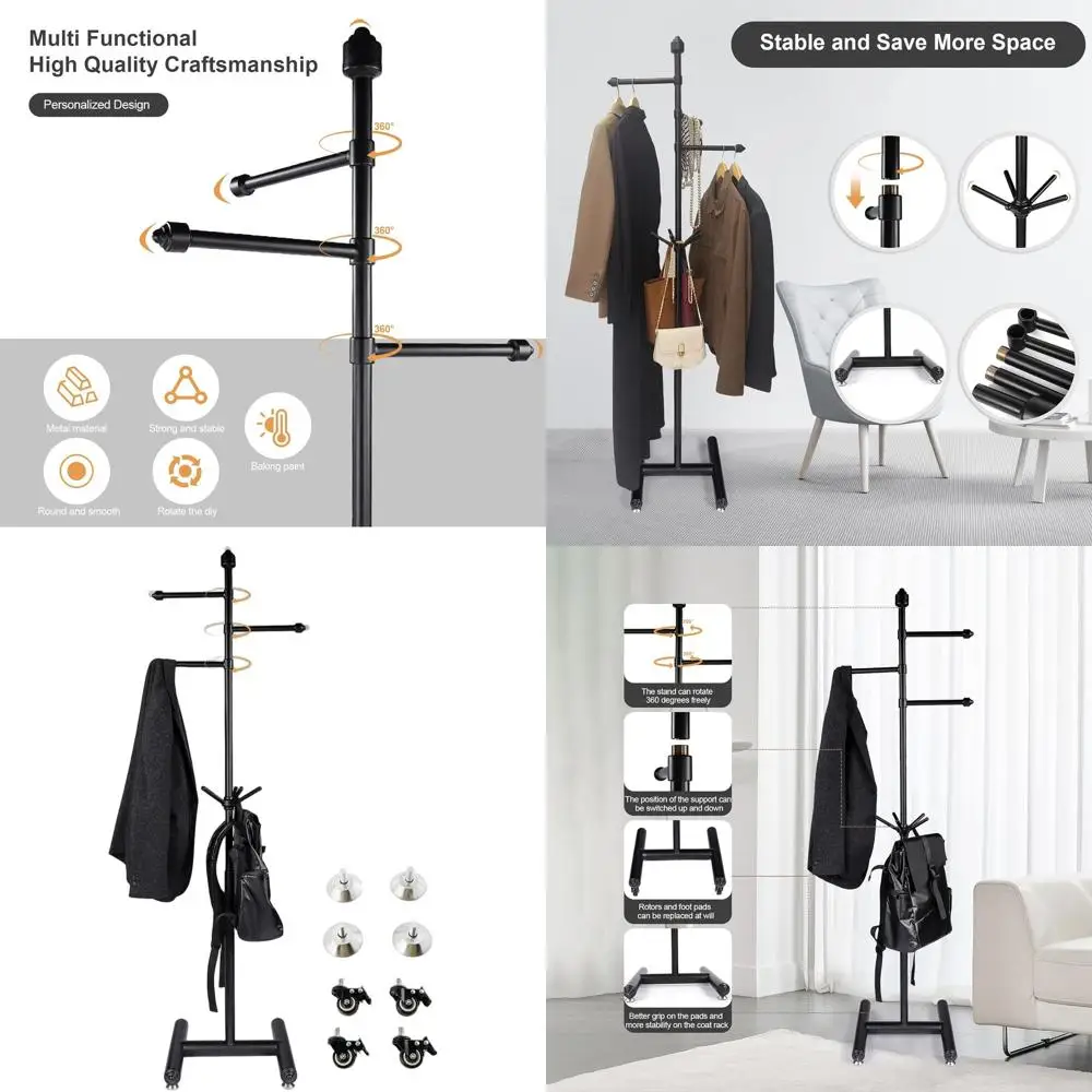 

Регулируемая напольная вешалка для одежды повышенной прочности с 3 кронштейнами и передвижными колесами для современных помещений