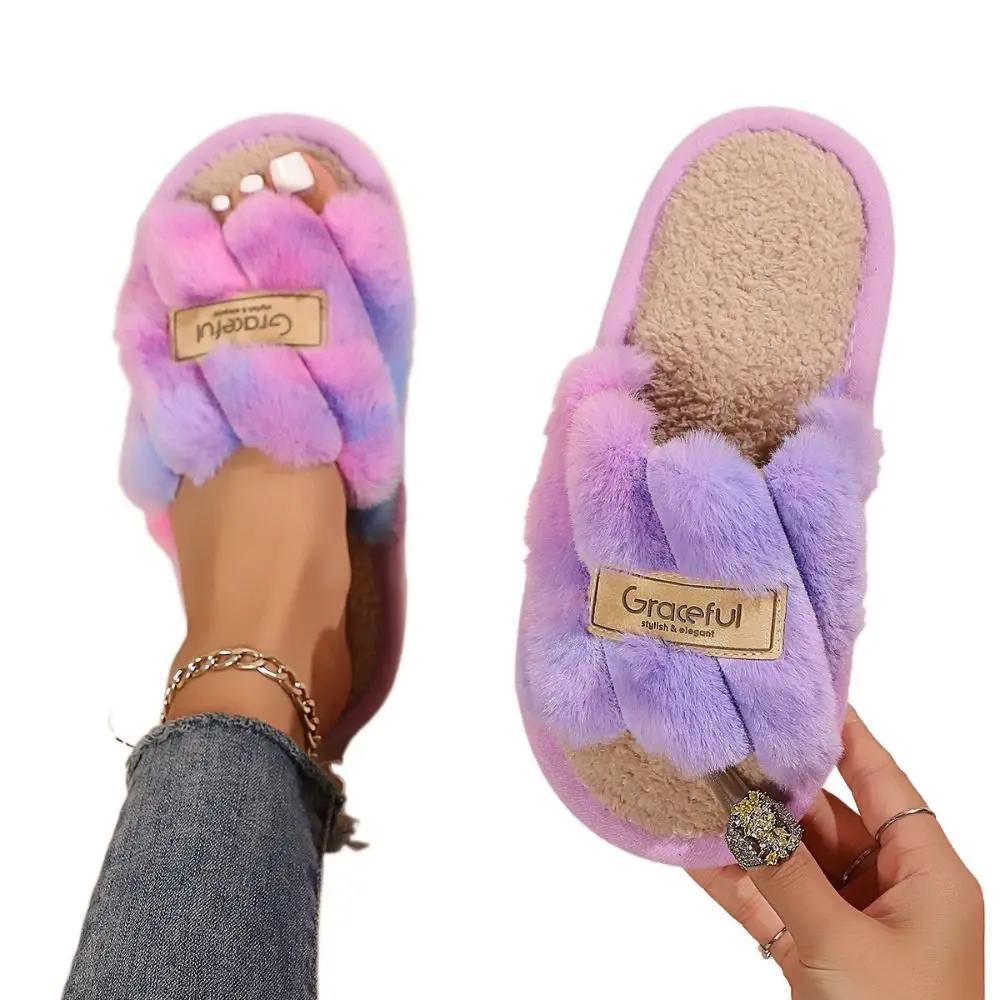 شريط فروي نعال قماش عدم الانزلاق رشاقته الدافئة المنزل النعال الحرارية رقيق عادية الشتاء شبشب منزل الهدايا #3