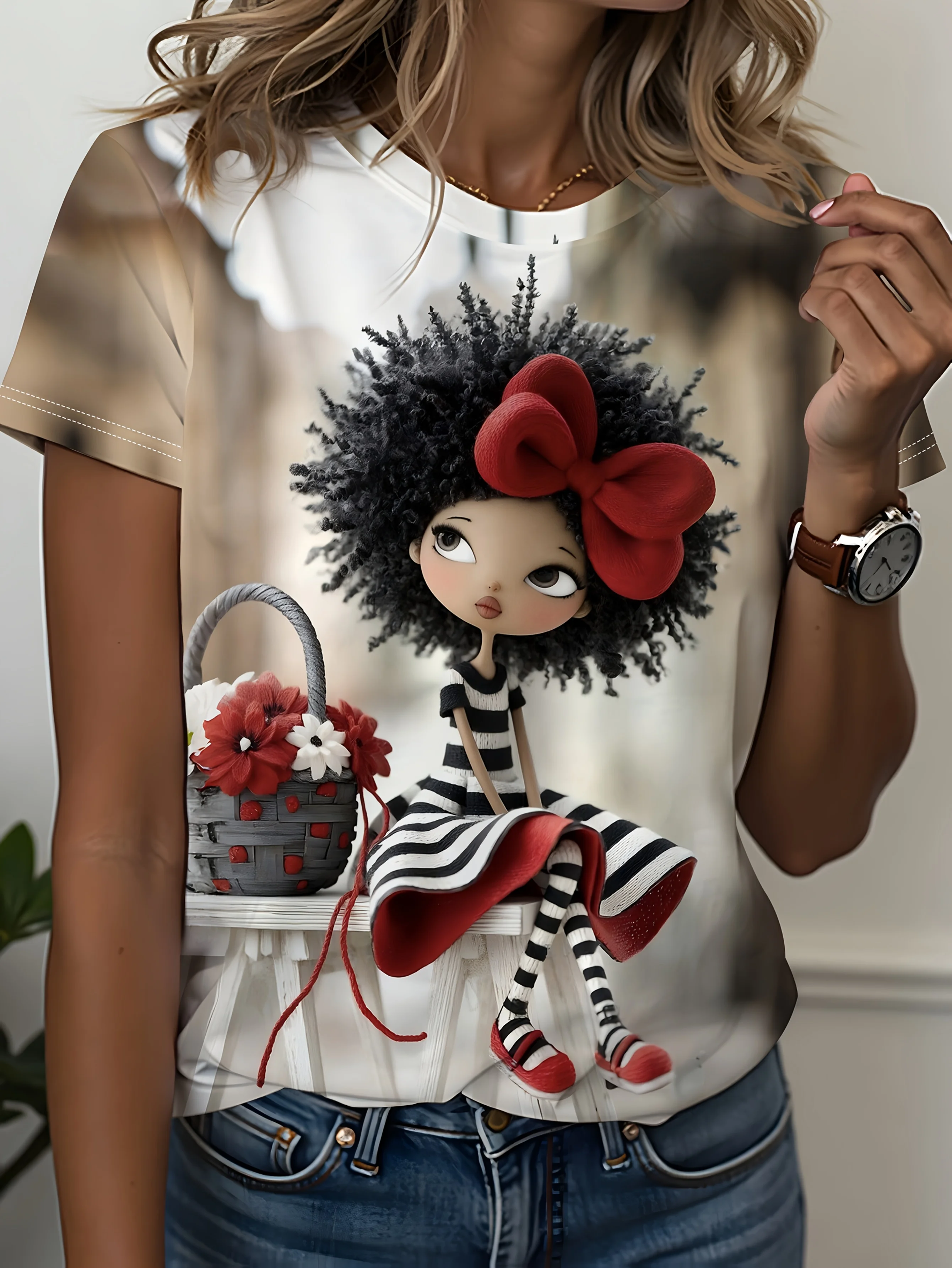 Women White Crewneck T-shirt Cute Cartoon Girl Red Bow Flower Basket Print Casual Short Sleeve Daily Tops