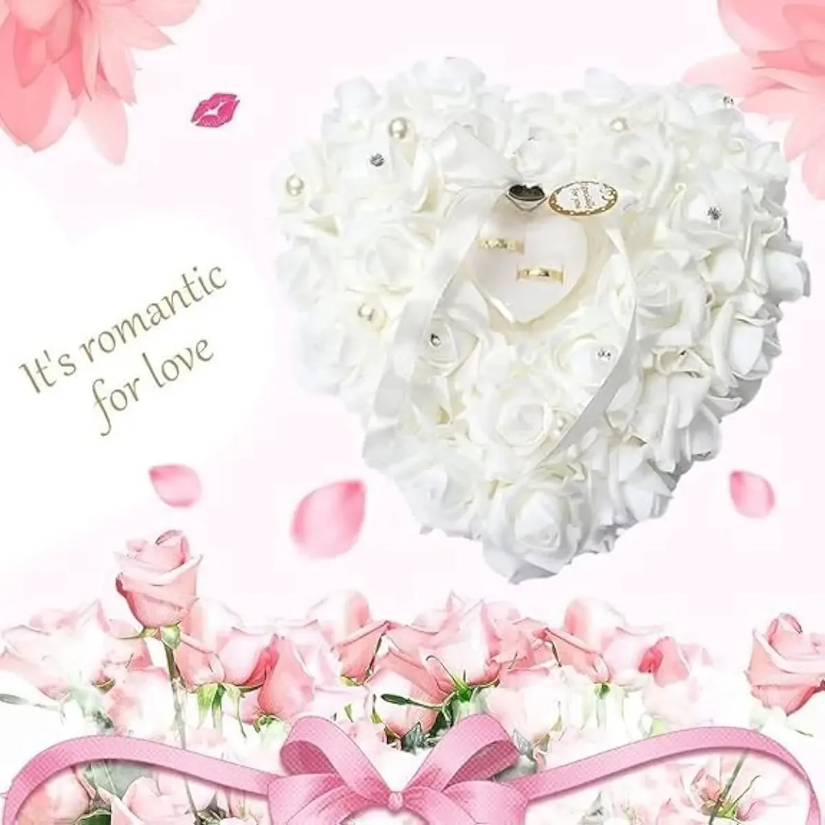 Romantic Wedding Ivory Satin Crystal Ring Bearer Pillow Cushion Ring Pillow Heart Shape For Engagement Propose Marriage Decor