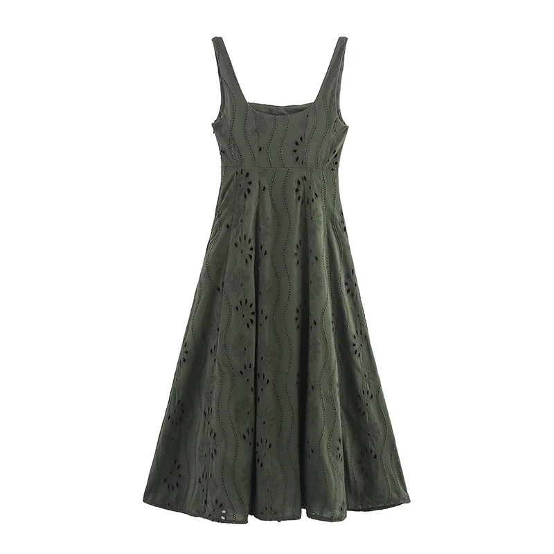 New 2025 Women O Neck Sleeveless Casual Summer Dresses Fashion Openwork Embroidery A-line Midi Female Vestidos