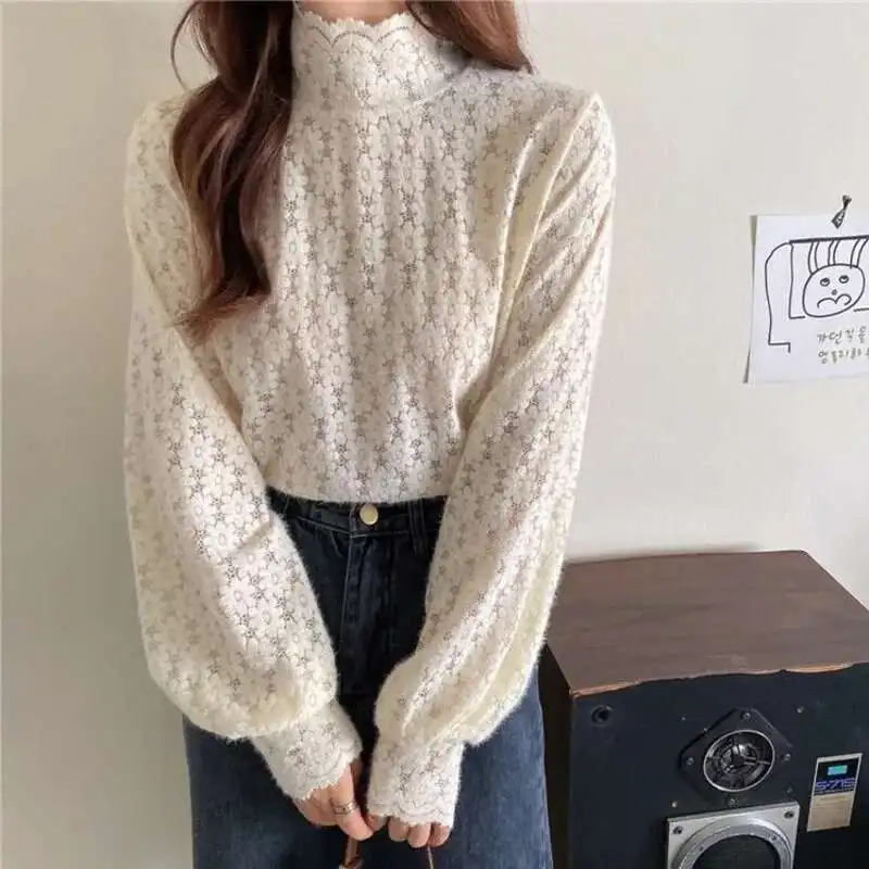 Women Spring Streetwear Knitted Sweater Hollow Lace Elegant Knitwear With Frayed Raw Hem Long Sleeve Ladies Solid Knitting Tops