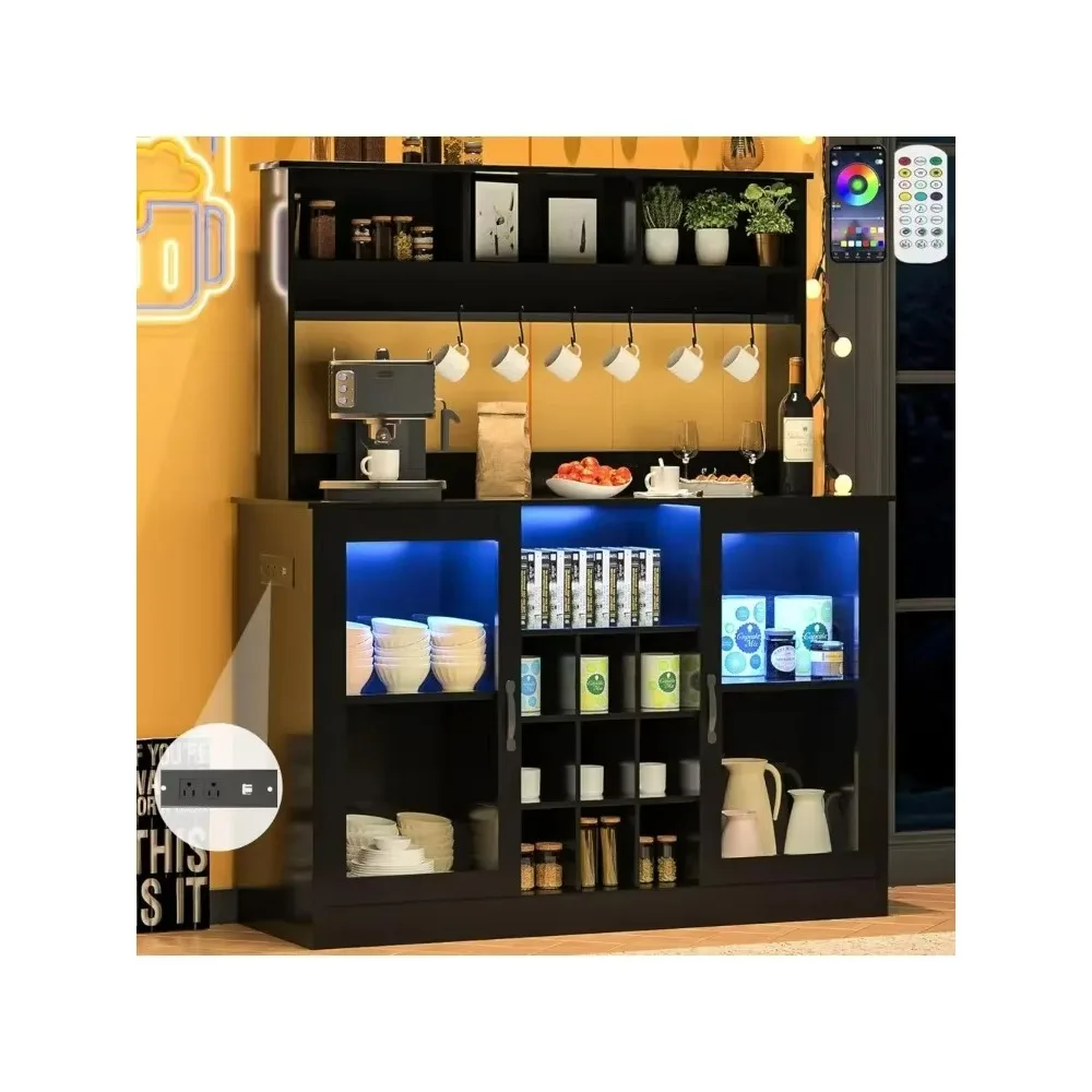 

Coffee bar with 60000 colored lights, power socket, 7 hooks, 9 wine racks, adjustable tea wine rack, black high-gloss sideboard