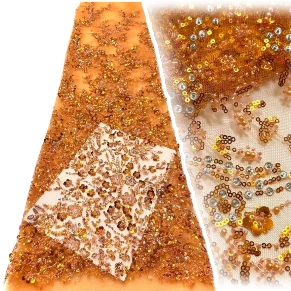 

2026 Hot Selling Lace Fabric for Paty Dress Luxury Embroidery Sequins with Beads Net Lace Wedding Party Dress 5 Yards CC1822