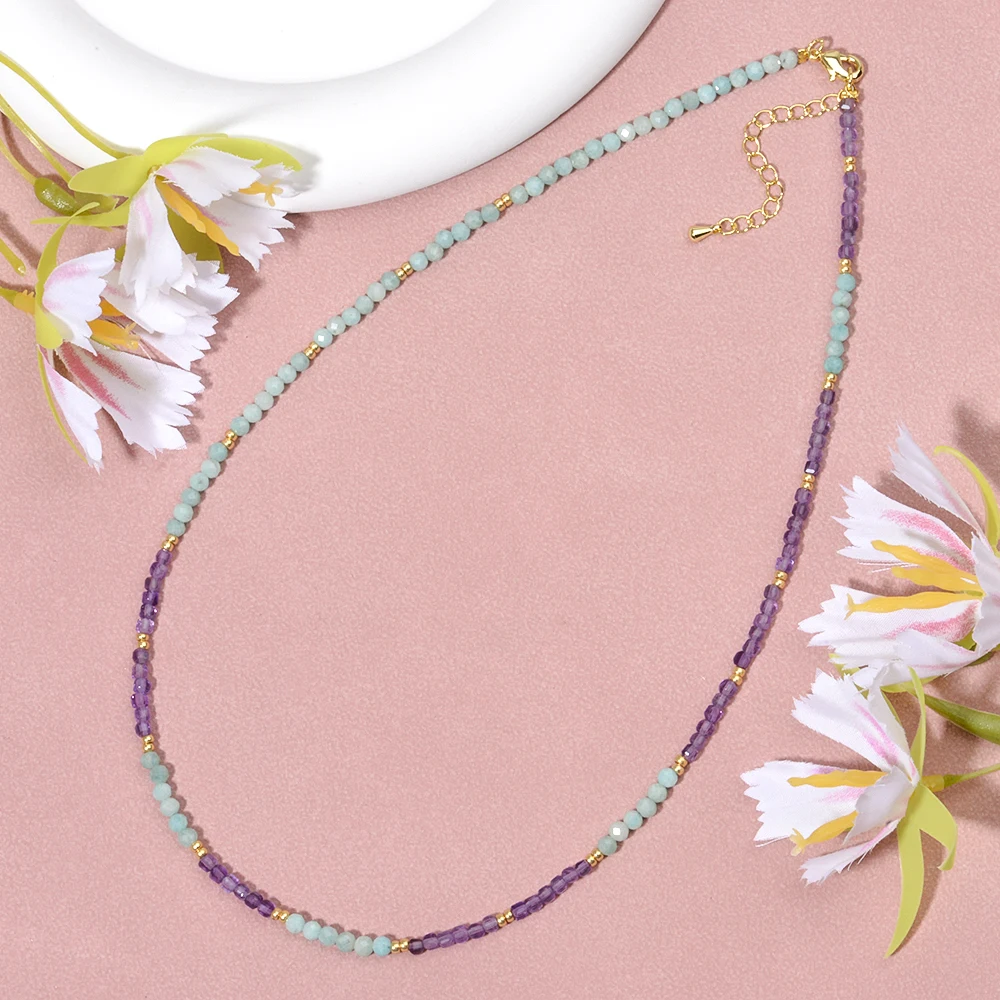 Mixed Gemstone Brazil Amazonite Faceted Rounds and Amethyst Faceted Cube Beads Adjustable Necklace Elegant Jewelry for Women