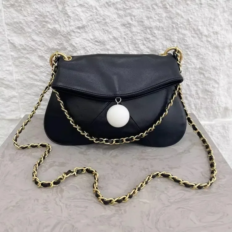 

Ladies Sheepskin Genuine Leather Underarm Bag Flap Women Chain Strap Shoulder Bag Vintage Table Tennis Pendant Crossbody Bags