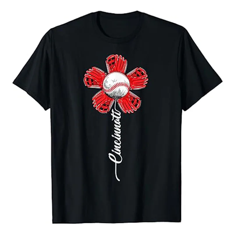 

Cincinnati Baseball Flower Vintage Baseball Fans T-Shirt Humor Funny Floral Print Graphic Tee Tops Short Sleeve Blouses Gifts