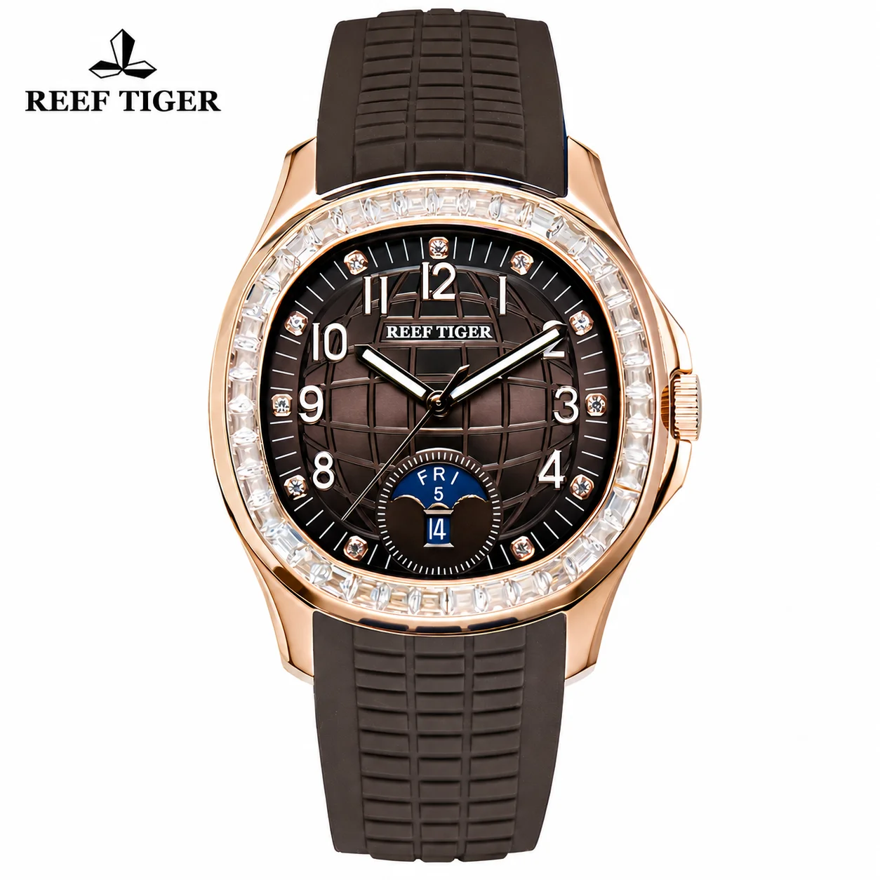 Reef Tiger Golf Men's Rose Gold-Tone Diamond Automatic Mechanical Watch – Rubber Strap, Water-Resistant, Day-Date Display