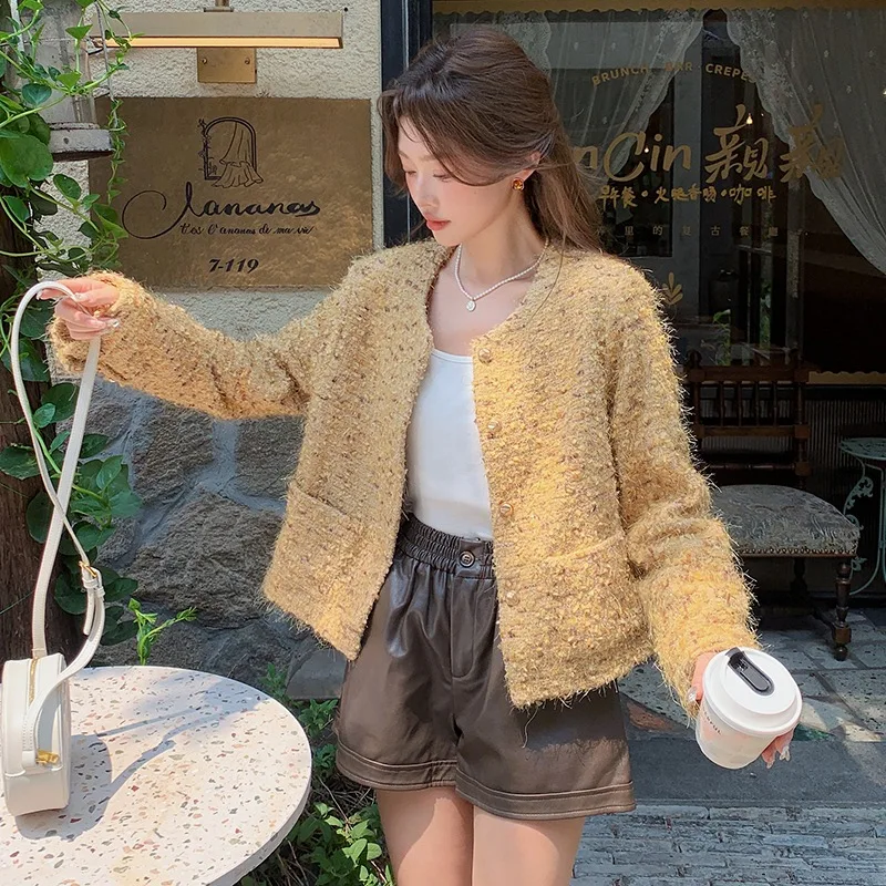 

Yellow Round Neck Small Fragrance Long-sleeved Jacket Women Fashion Simple Loose Versatile French Tweed Lady Elegant Jacket