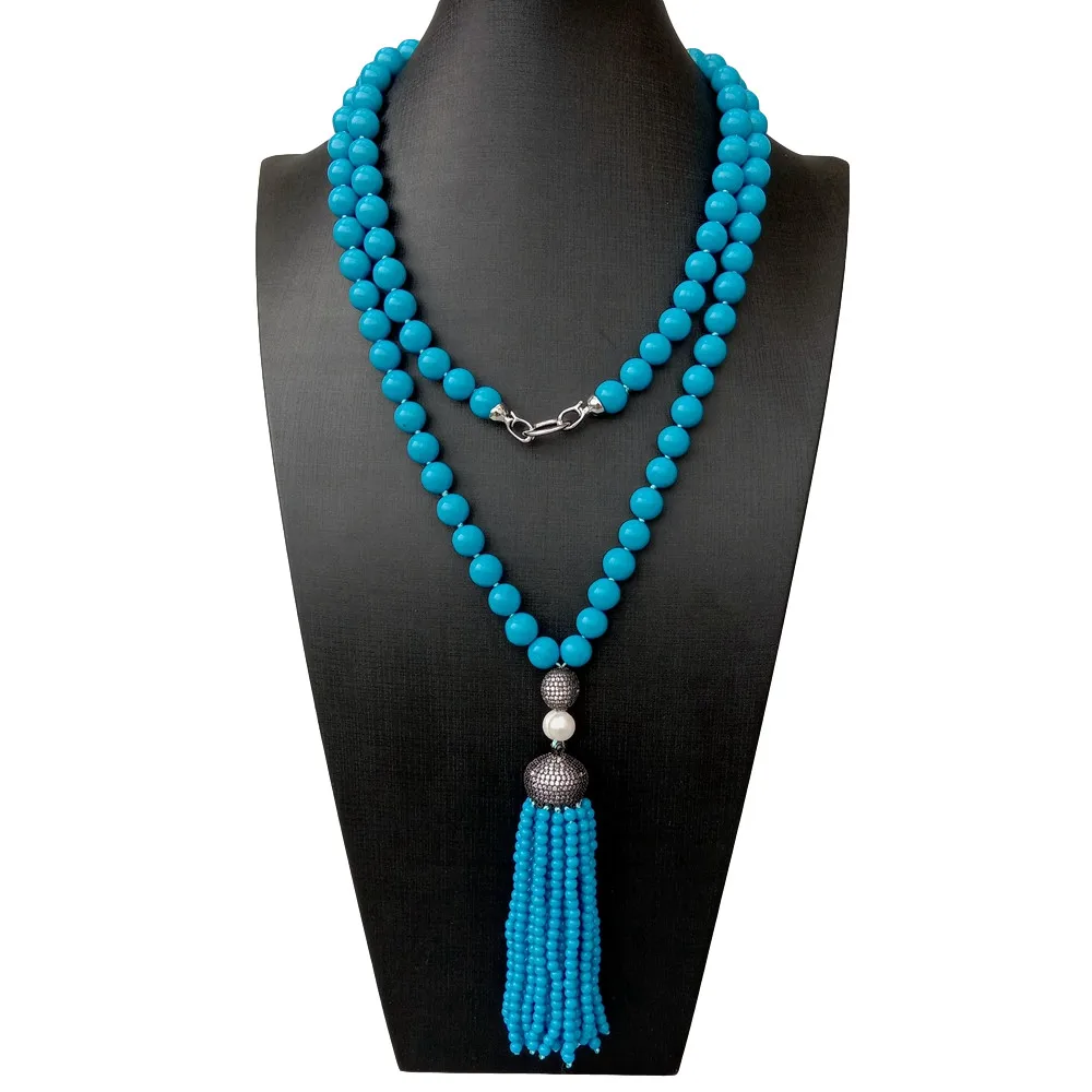 

Blue Turquoise Long Necklace Cubic Zirconia Pave White Pearl Tassel Pendant 42"