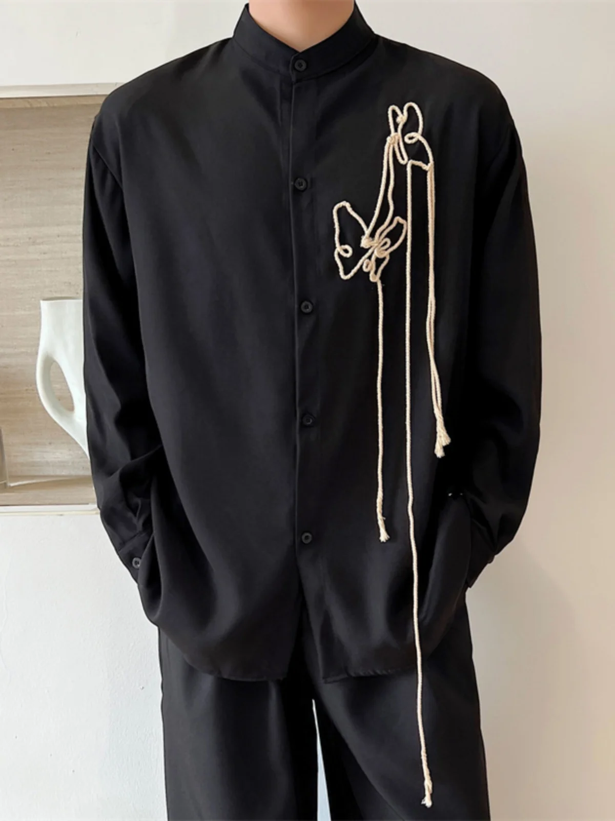 

Мужская свободная посадка ручной работы в китайском стиле Sle Long Sve irt, модный ретро-дизайн, вышивка, молодежная стойка Тай...