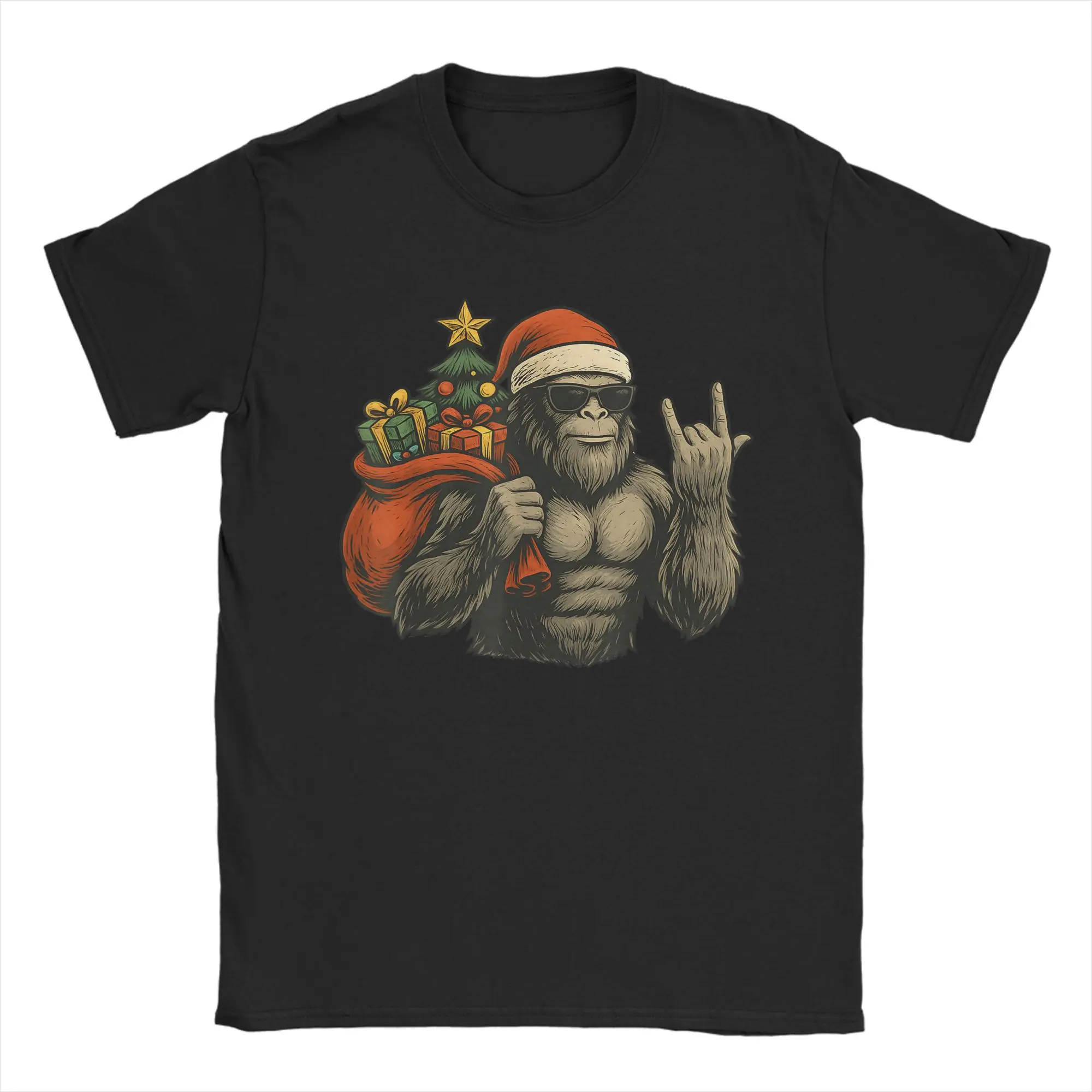 

Awesome Bigfoot Santa Christmas Tree Rock On Funny Xmas Sasquatch T-Shirts Men Round Neck T Shirts Short Sleeve Tee Shirt Tops
