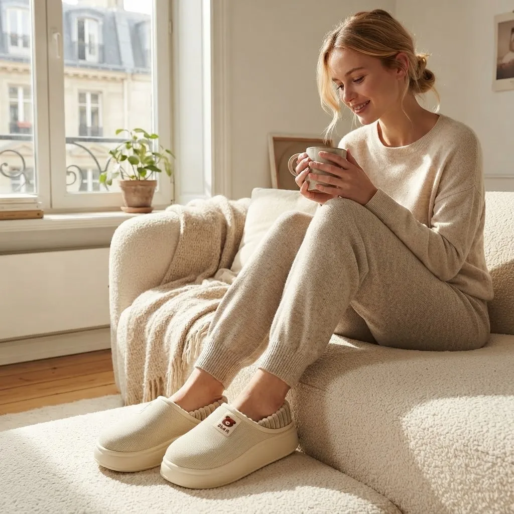 Wasserdichte Winter-Hausschuhe für Damen und Herren, 4 cm dicke Sohle, flauschig warm, für den Innenbereich, rutschfest, mit Fell gefüttert, weiche, gepolsterte Clogs. – Detail 1