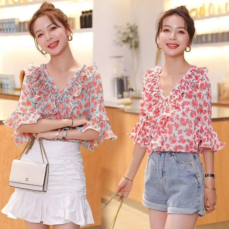 Women Summer Korean Fashion Slim Printing V-neck Short Sleeve Chiffon Shirts Ladies Office Lady All-match Appear Thin Trend Tops