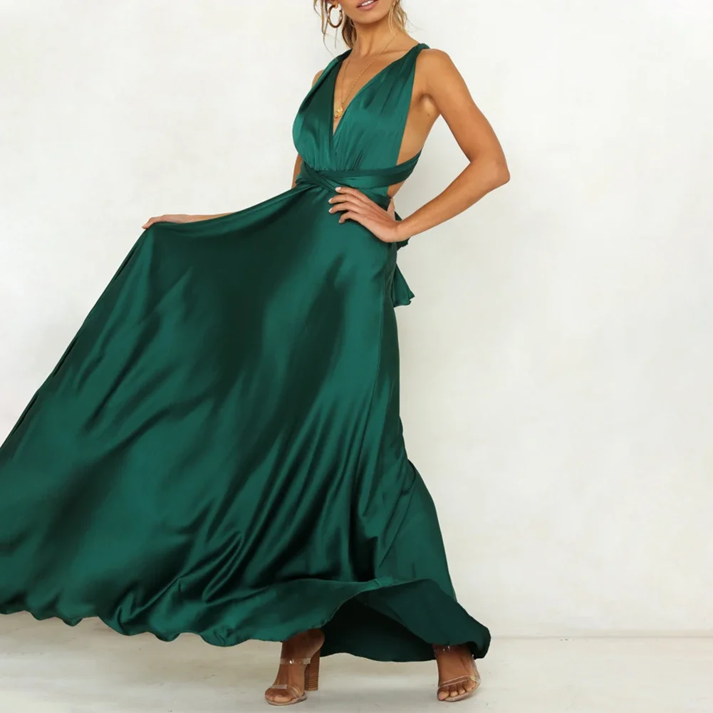 Satin Elegance Women's Ball Gown V neck Evening Wear with Multi Way Wrap Design Maxi Dress Suitable for Formal Occasions