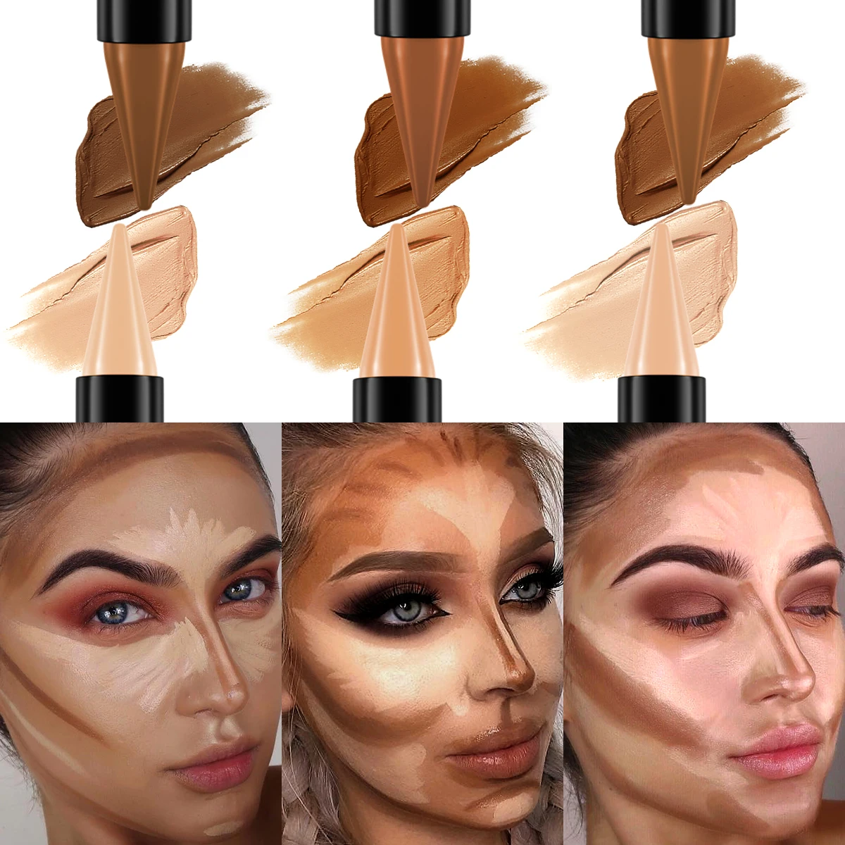 1PC ダブルヘッドハイライト & ファンデーション輪郭ペンフェイスメイク防水コンシーラースティック鉛筆化粧品女性のためのギフト