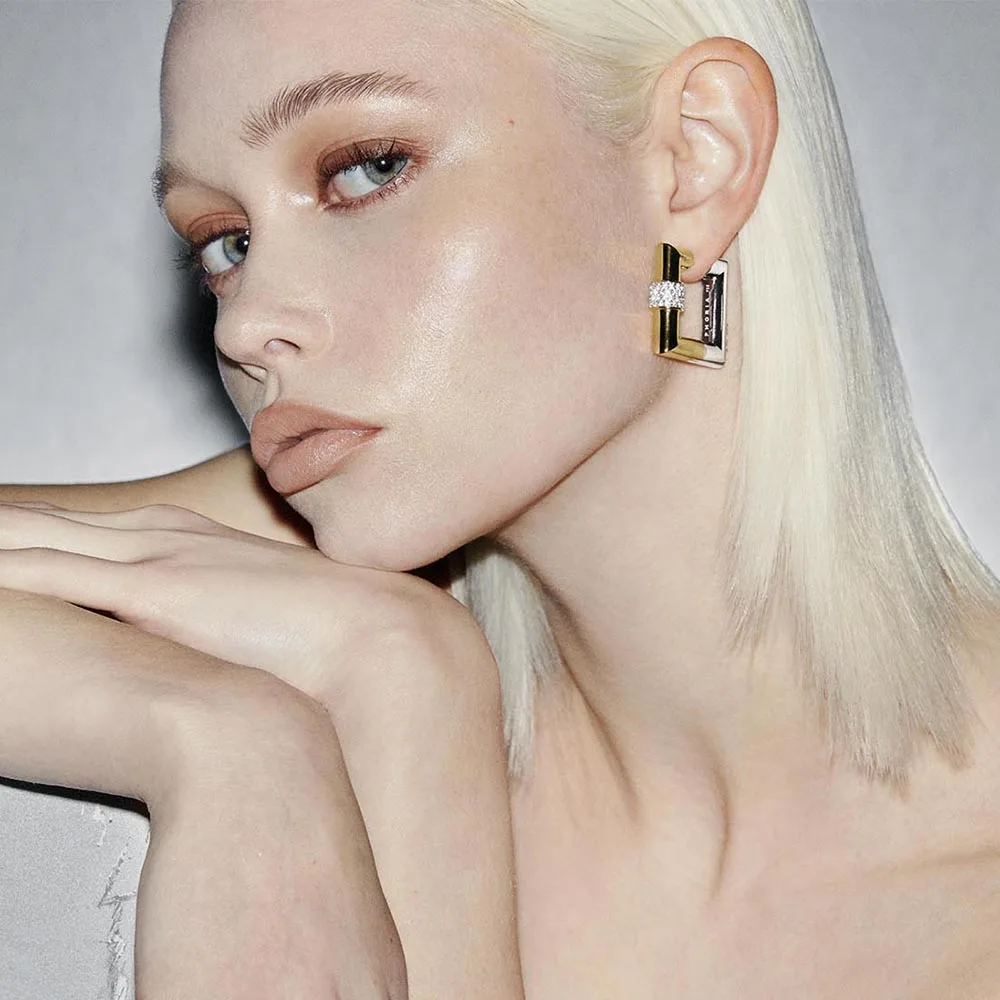 Creative Designer Chunky Square Zircon Huggie Earrings for Women Stainless Steel Waterproof Statement Ear Hoops Vintage Jewelry