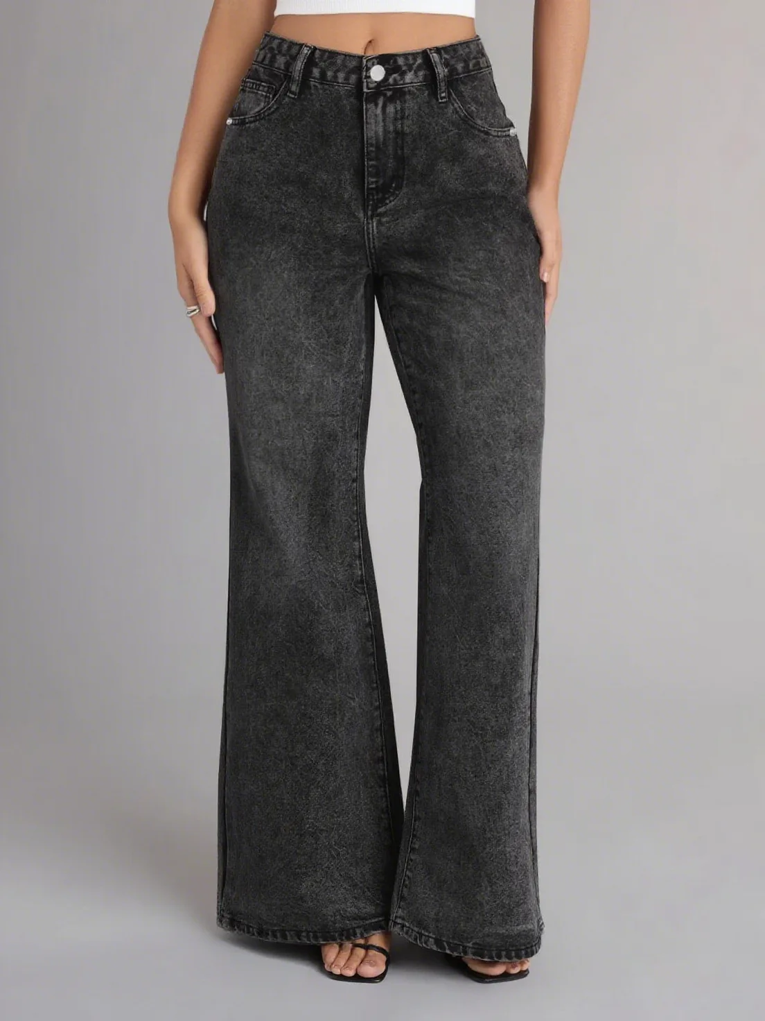 Retro Drapey Denim High Waist Wide Leg Loose Straight Long Pants Cross-Border Wish Bestselling Style Cotton Polyester Blend