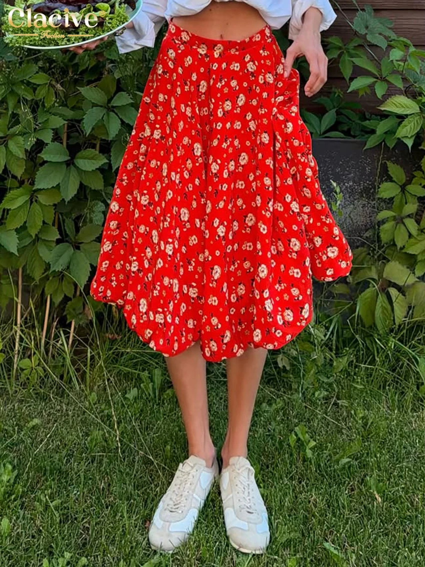 Clacive Vintage Loose Print Women's Skirt 2027 Spring High Waist Midi Skirt Elegant Classic Pleated Skirt Female Clothing