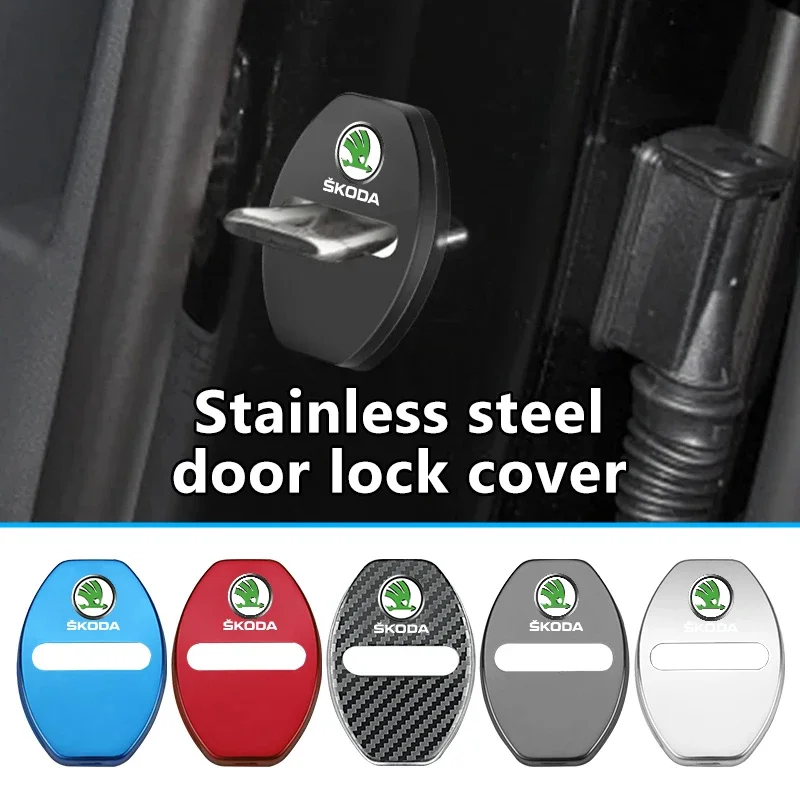 4Pcs Car Door Lock Buckle Zinc Alloy Protective Covers For Skoda Kodiaq Fabia Kamiq Karoq Octavia 2 3 Rapid Scala