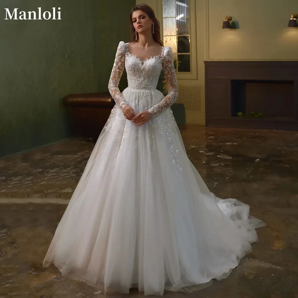 

Роскошное сверкающее свадебное платье принцессы с длинным рукавом и круглым вырезом, кружевное украшение из бисера, жемчуг, свадебное платье со шлейфом на заказ