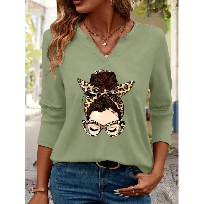 Womens V Neck Three Quarter Sleeve T Shirt Leopard Print Fashion Bun Haired Beauty Printed Tee Casual Daily Wear Travel Vacation
