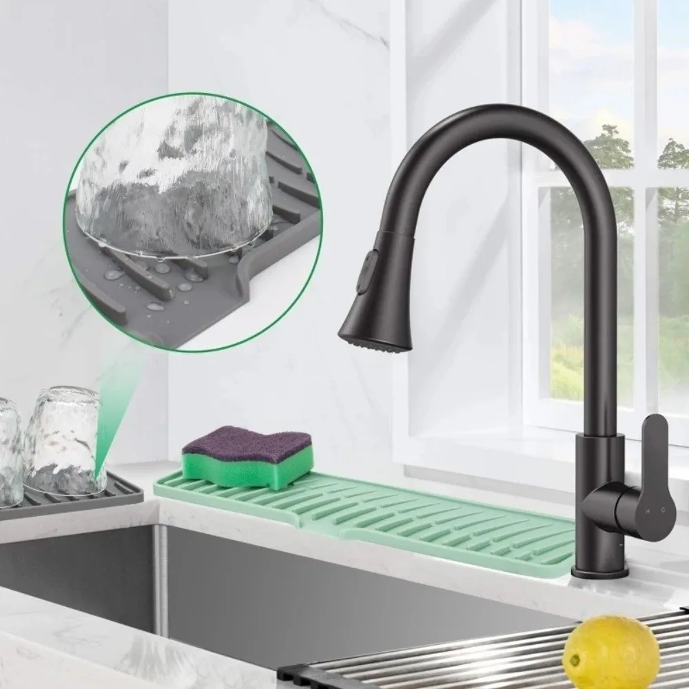 Slope Sink Drain Pad Narrow Edge Silicone Sink Water Absorbent Tray Splash-proof Anti-slip Kitchen Sink Tea Cup Holder Kitchen