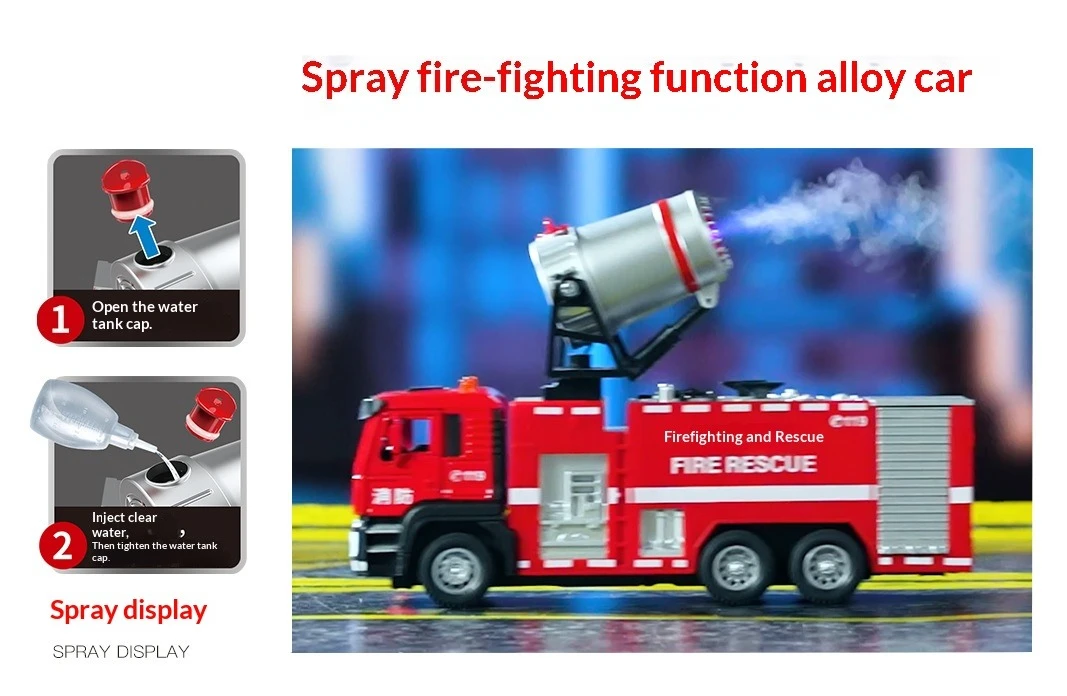 Coche modelo de motor de bomberos de aleación 1:50 50001P, vehículo de juguete de agua pulverizada con luz de sonido de simulación para niños