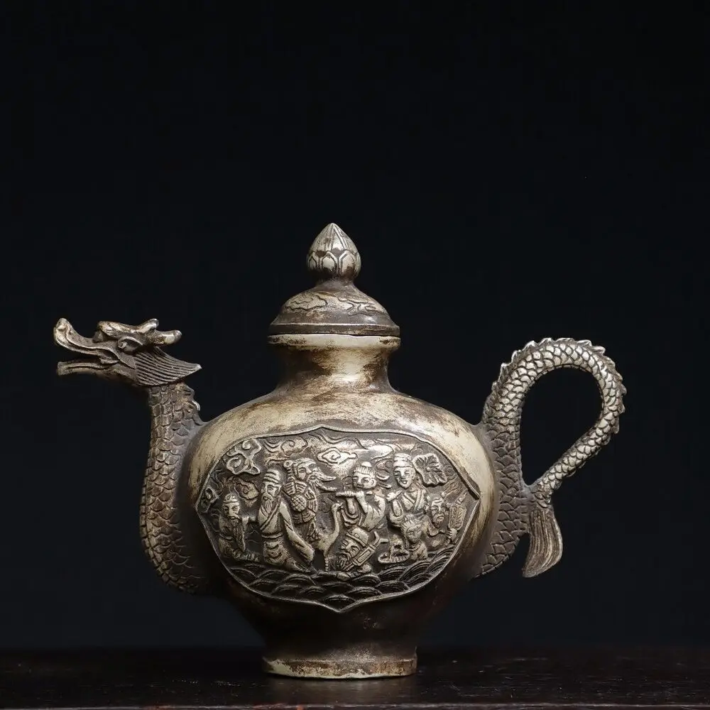 

8" Old Qing Dynasty Bronze Silvering Qianlong Mark Eight Immortals Dragon Teapot