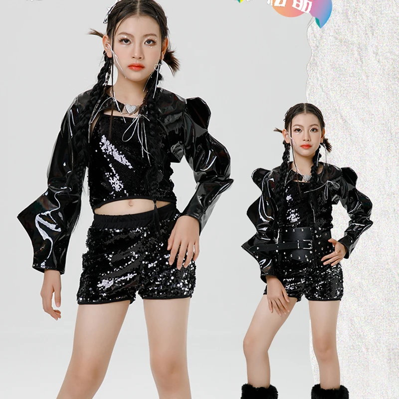 Kids Cool Hip Hop Clothing Black Sequins Suit Girls jazz Clothing Street Dance Outfit Stage Performance Kpop Costume XS9014