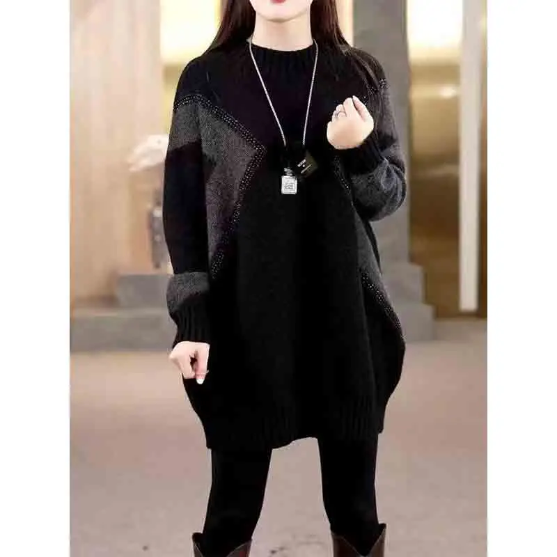 Fashion Women Clothing Diamonds Midi Sweater Autumn Winter Korean Versatile Loose Casual Long Sleeve Warm Knitted Pullovers Tops