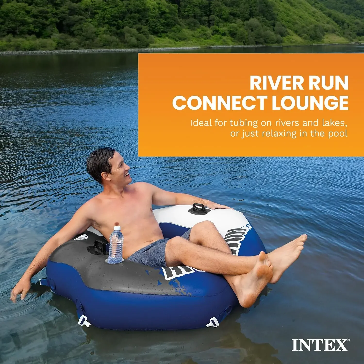USA Stock River Run Single Person Inflatable Connecting Lounge Tube Chair w/Mesh Bottom, Backrest, & Built in Cupholders